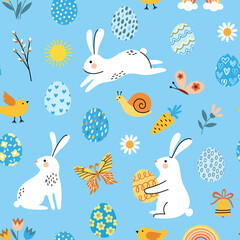 Blue Easter seamless pattern vector texture. Easter background - 544392361
