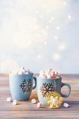Marry Christmas. Two cup of hot cocoa with marshmallows. Christmas homemade cup of hot chocolate...