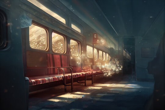 Digital illustration of an empty train carriage on a journey in winter. Inside of a train wagon with windows and golden sunset light coming in. Fantasy dreamy interior in a winter express train.