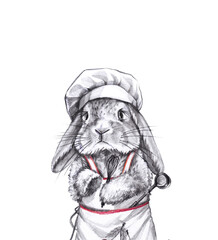 Rabbit cook boy in apron with  ladle and  whisk stands isolated on  white background. Portrait. Graphic illustration.