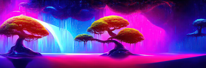 Alien fantasy landscape of a magical world with bizarre plants. Surreal panoramic background. Digital illustration.