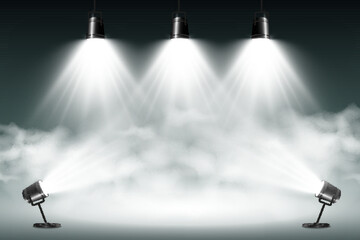 Empty stage with spotlights. Lighting devices on a transparent background.