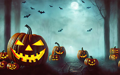 Halloween holiday scene with pumpkins in scary and misty environment. Digital illustration.