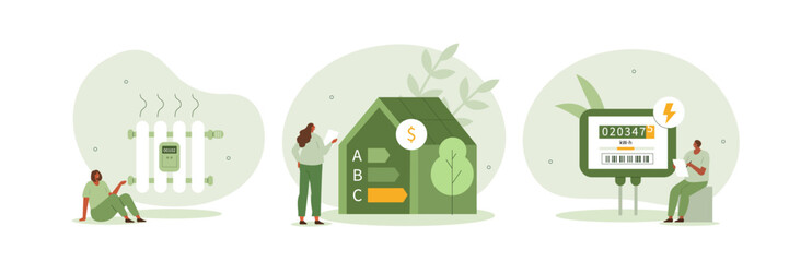 Sustainability illustration set. Characters monitoring private electricity and central heating meter and calculating household utility bill. Home energy efficiency audit concept. Vector illustration. © Irina Strelnikova
