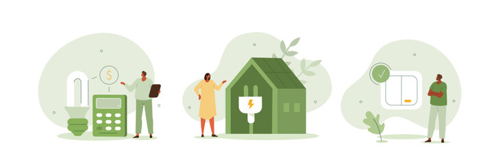 Sustainability illustration set. Energy consumption in household. Characters using energy efficient devices, paying less and saving money. Power save concept. Vector illustration. © Irina Strelnikova