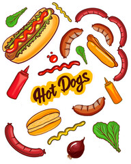 Hot dog recipe sticker set  hand drawing. Ingredients sausage, bun, onion, ketchup, mustard, stickers. Fast food stickers for printing, sketchbook clipart