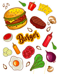 Burger recipe sticker set vector hand drawing. Ingredients for burger, cutlet stickers, cheese, egg, greens, tomato, sauce. Fast food stickers for printing, sketchbook