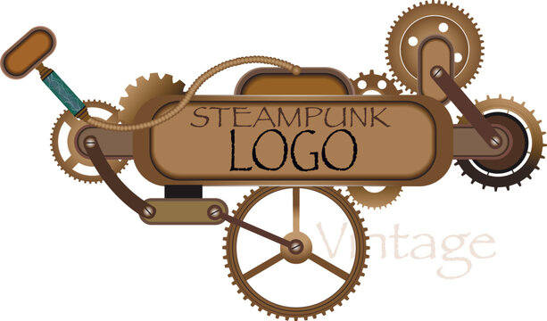 	
Colorful golden steampunk background and screen. Frame and vintage clock, flakon, bulb, cogs and gears. Vintage set