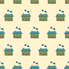 Pattern of green houses. cute hand drawn houses on a pattern for textiles, backgrounds, wallpapers, wrapping paper, fabrics.
