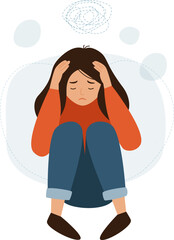 Female character panic attack. Depression. Girl afraid. Woman holding her head with her hands. 