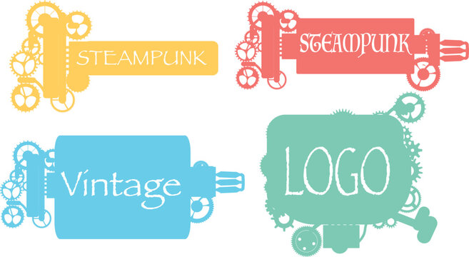 Steampunk Logo Templates Set &ndash; Colorful Vintage Labels with Gears and Cogwheels