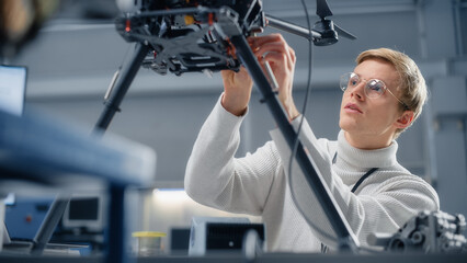 Young Male Engineer Programming on Laptop. Working on a New Drone Software in the Research Center Laboratory. People Designing Futuristic Unmanned Aerial Vehicle Concept.