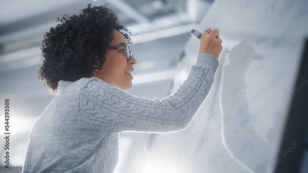 Poster happy female student thinking about solving math problem with complicated equation in front of white