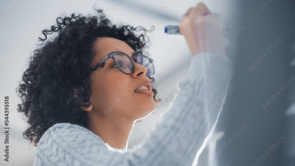 Poster intelligent female scientist pondering and writing various high school maths formulas on whiteboard.