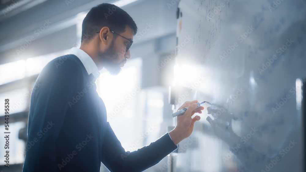 Poster black male scientist solving complex mathematical problems standing and writing long formulas on whi