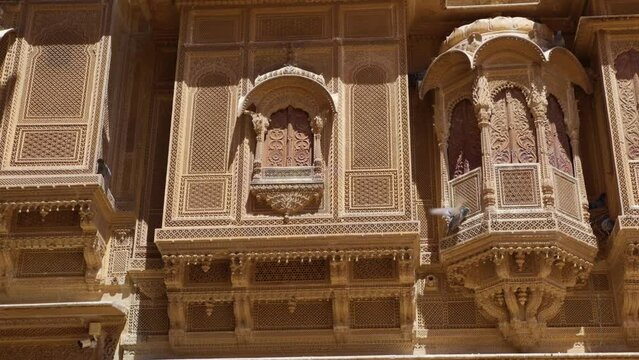 Intricate carvings and artwork at Patwon ki Haveli mansion, old haveli made of sandstone in Rajasthan
