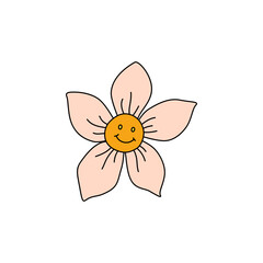Retro Groovy Flower Character, Daisy face flat icon in doodle style. Orange Hippy Flower inspirited by 1970s years. Vintage vector illustration isolated on white background. Floral print for poster.