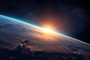 The sun rises over a blue planet, as seen from space. 