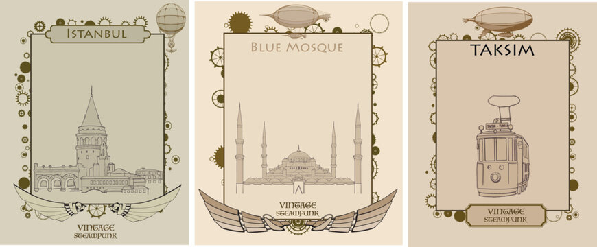 stanbul vintage skyline frame, vector background cogs, gears, sign menu wheel, old retro, steampunk logo	
