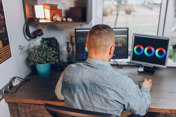 From above back view of male freelancer editing video on computer monitor with professional montage software during work in home studio 