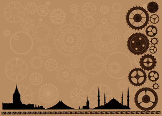 Istanbul vintage skyline frame, vector background cogs, gears, sign menu wheel, old retro, steampunk logo	