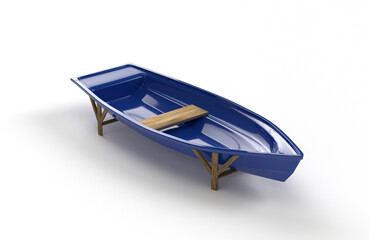 A blue plastic fishing boat with a bench that stands on supports on a white background.