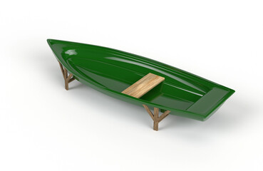 A green plastic fishing boat with a bench that stands on supports on a white background.