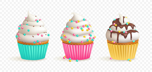 Set of realistic cupcakes with cream and icing isolated on transparent background. 3d vector illustration