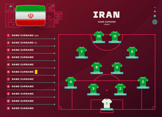 iran line-up world Football 2022 qatar, cup tournament final stage vector illustration. Country team lineup table and Team Formation on Football Field. soccer tournament Vector country flags