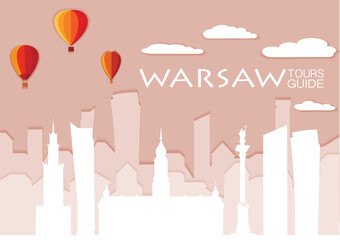 Warsaw, Cute town skyline, colorful city view, baloons and clouds
