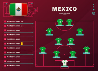mexico line-up world Football 2022 qatar, cup tournament final stage vector illustration. Country team lineup table and Team Formation on Football Field. soccer tournament Vector country flags