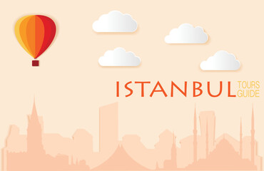 Istanbul, Cute town skyline, colorful city view, baloons and clouds