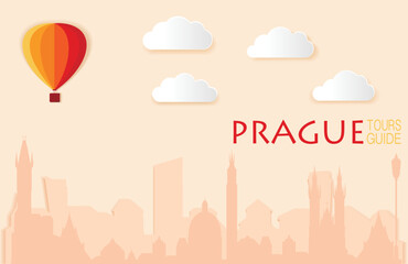Prague, Cute town skyline, colorful city view, baloons and clouds