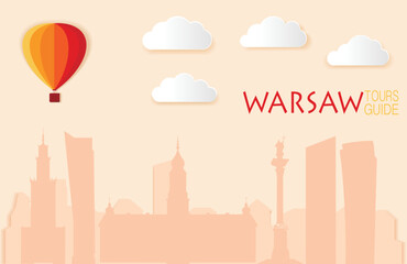 Warsaw, Cute town skyline, colorful city view, baloons and clouds