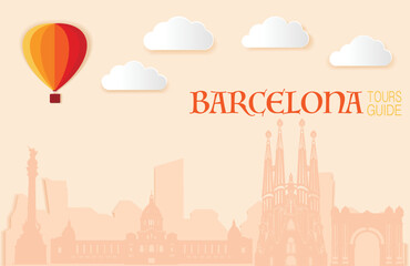 Cute town skyline, colorful city view, baloons and clouds