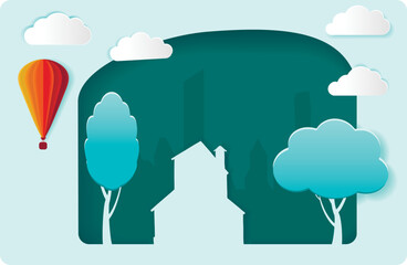 Cute town skyline, colorful city view, baloons and clouds