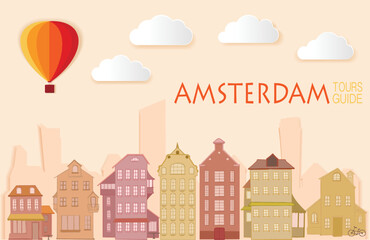 Amsterdam, Cute town skyline, colorful city view, baloons and clouds
