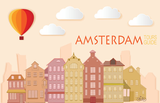 Amsterdam, Cute town skyline, colorful city view, baloons and clouds