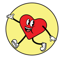 Vintage cartoon flat character of a heart mascot, vector illustration, logo, sticker design concept