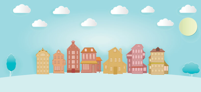 Cute town skyline, colorful city view, baloons and clouds