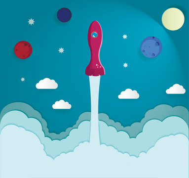 Vector illustration of a magenta pink rocket taking off into a teal night sky, leaving a white smoke trail above layered clouds. Colorful planets, a pale yellow moon, stars and small snowflake-like