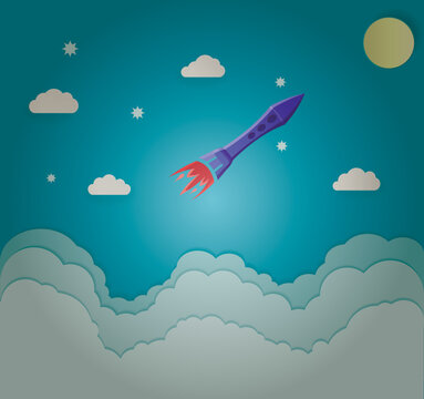 Vector illustration of a magenta pink rocket taking off into a teal night sky, leaving a white smoke trail above layered clouds. Colorful planets, a pale yellow moon, stars and small snowflake-like