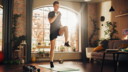 Strong Athletic Fit Young Man Doing Cardio High Knees and Core Strengthening Exercises During...