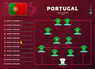 portugal line-up world Football 2022 qatar, cup tournament final stage vector illustration. Country team lineup table and Team Formation on Football Field. soccer tournament Vector country flags