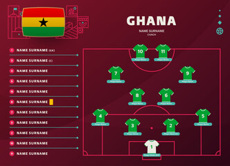 ghana line-up world Football 2022 qatar, cup tournament final stage vector illustration. Country team lineup table and Team Formation on Football Field. soccer tournament Vector country flags