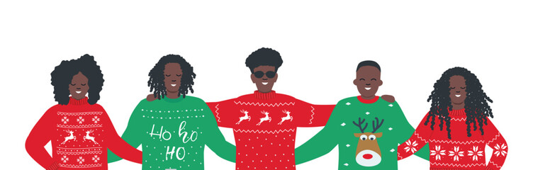 Ugly Christmas Sweater Party. Happy young black people in red and green Christmas sweaters. Best friends are stand together and hug. Vector holiday illustration.