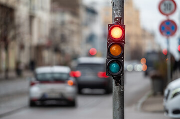 traffic light on the street junction with beautiful bokeh, city with cars in the background