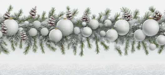 Fototapeta na wymiar Christmas and New Year holiday horizontal border, banner. Cones, snowy pine tree branches on light background. For celebration banners, headers, posters. vintage illustration