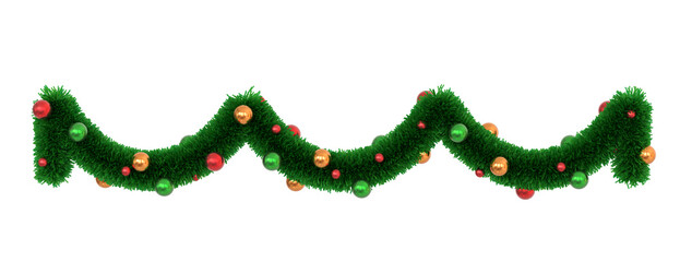 guirlande de Noël verte avec boules de Noël vertes, rouges et or sur fond transparent - rendu 3D © Fox_Dsign