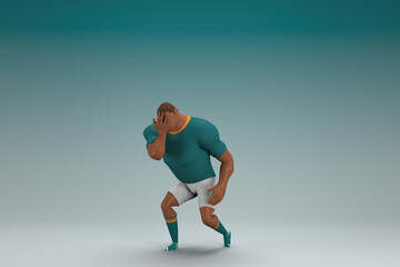 Fototapeta na wymiar An athlete wearing a green shirt and white pants. He is sad or in pain. 3d rendering of cartoon character in acting.